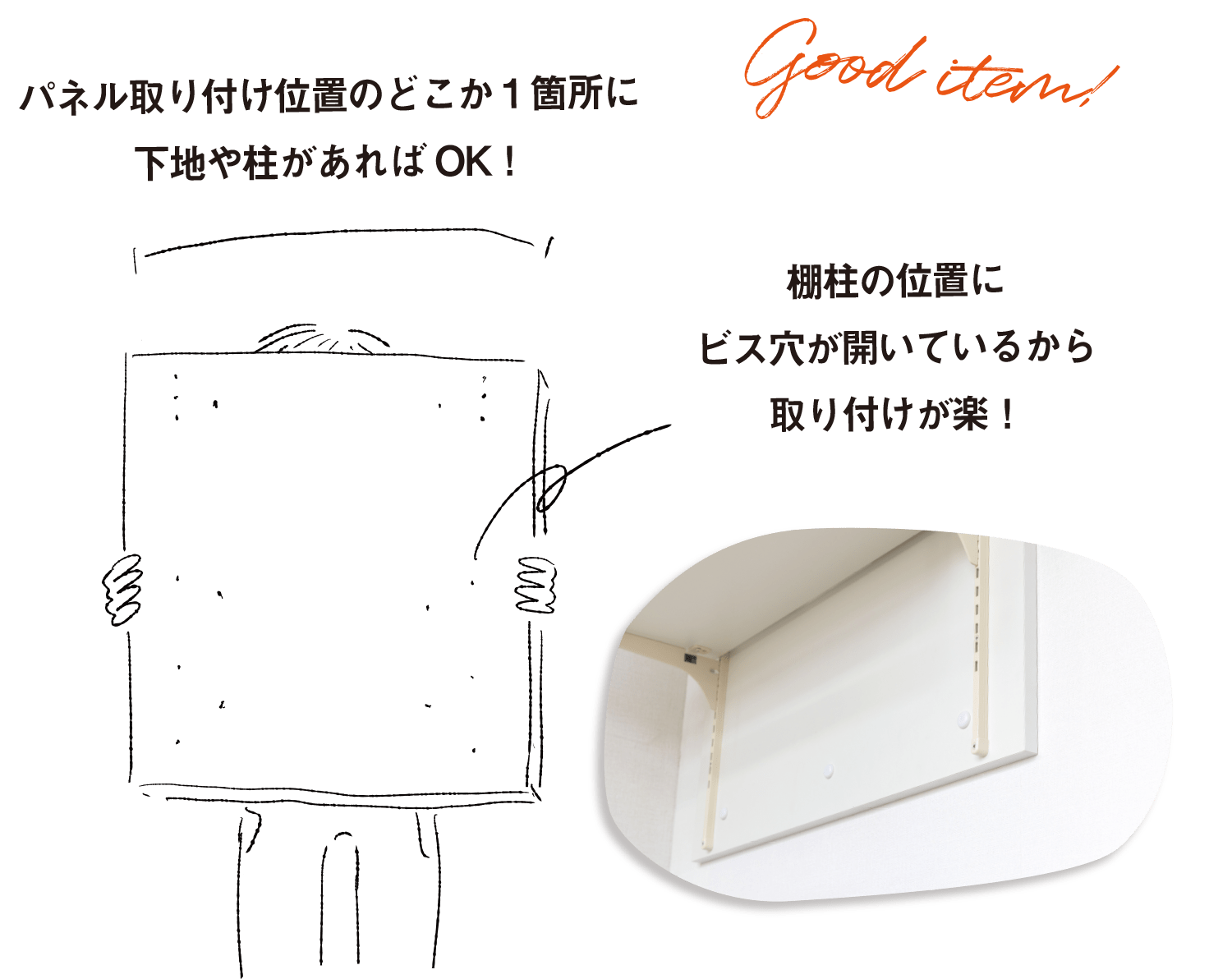 パネル取り付け位置のどこか１箇所に下地や柱があればOK！棚柱の位置にビス穴が開いているから取り付けが楽！