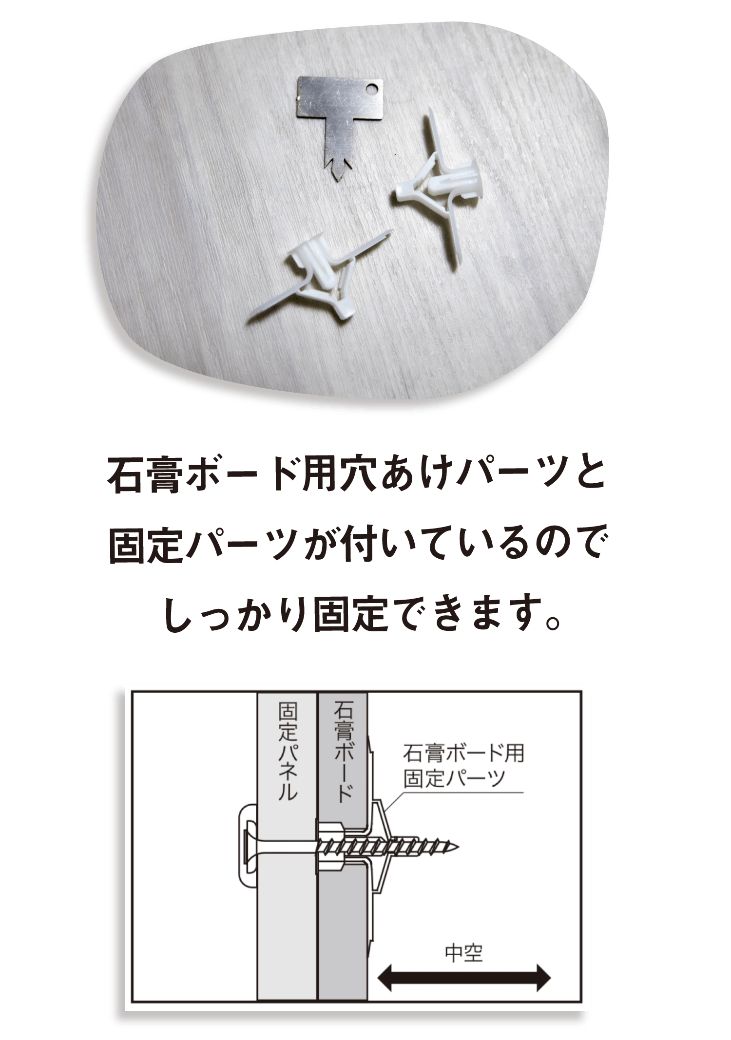 石膏ボード用穴あけパーツと固定パーツが付いているのでしっかり固定できます。