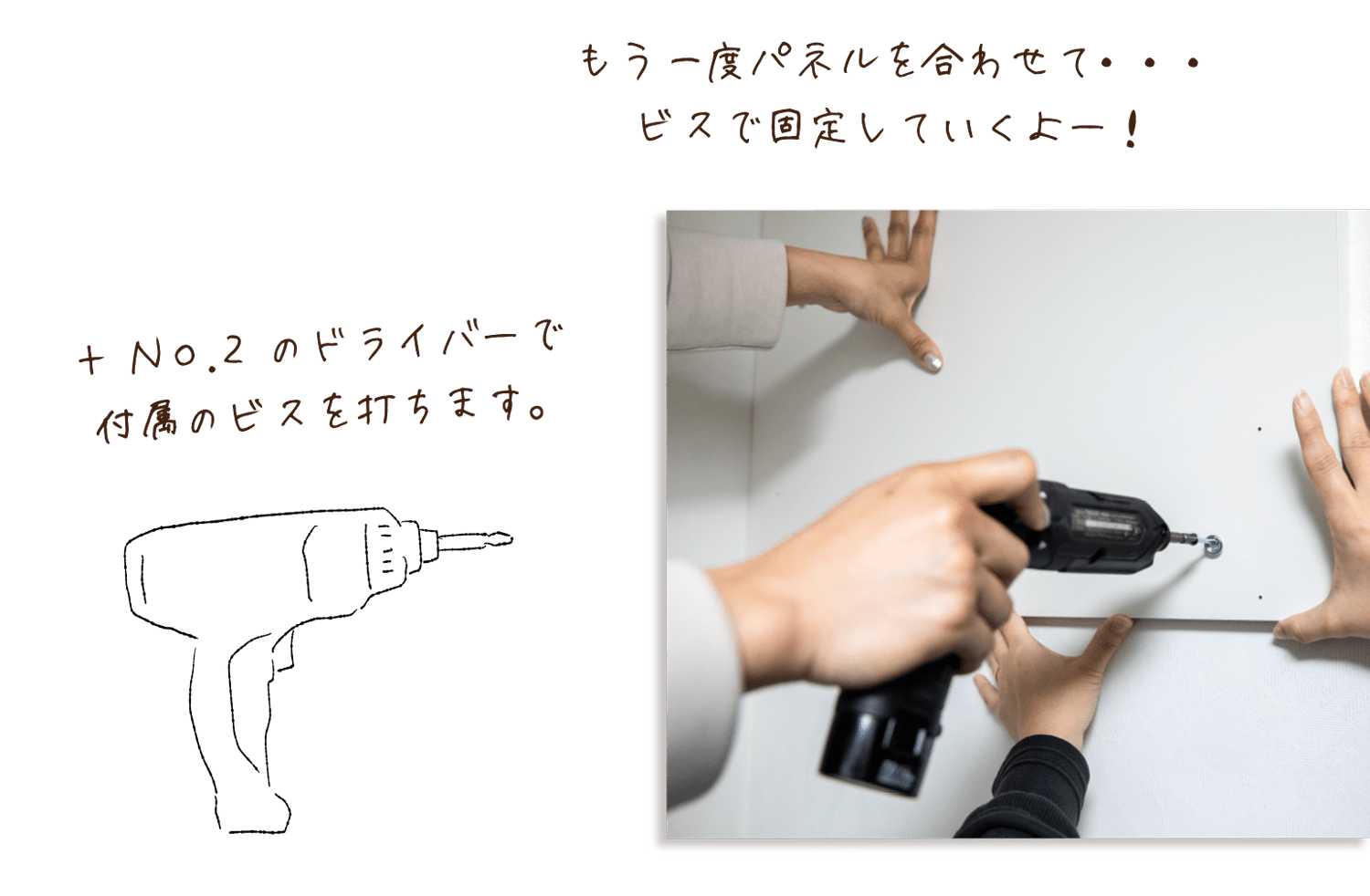 もう一度パネルを合わせて・・・ビスで固定していくよー！＋No.2のドライバーで付属のビスを打ちます。