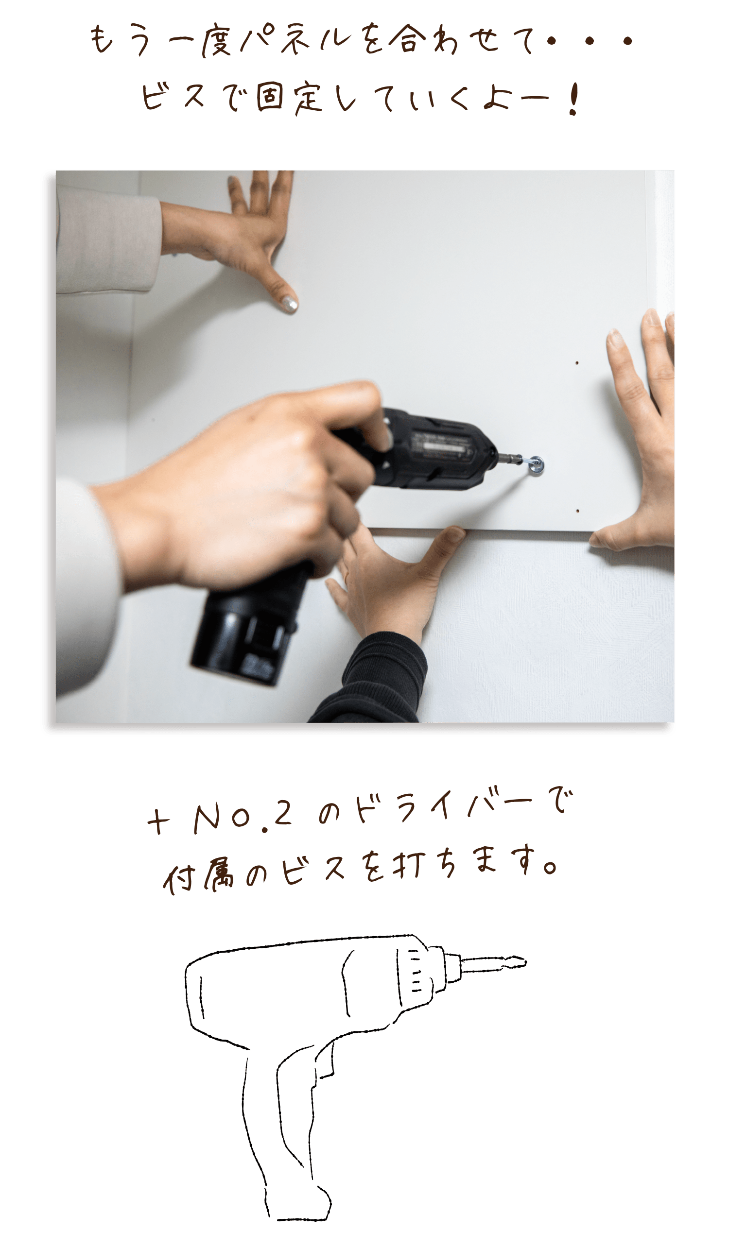 もう一度パネルを合わせて・・・ビスで固定していくよー！＋No.2のドライバーで付属のビスを打ちます。